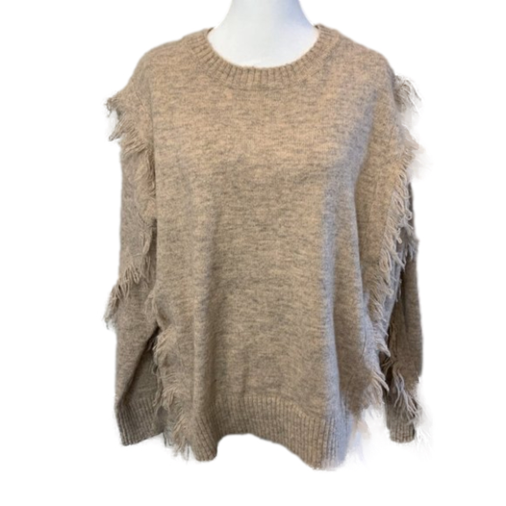 Bishop + Young Pink/Cream n Grey Fringed Sweater. Fringe down sleeves , *Size L